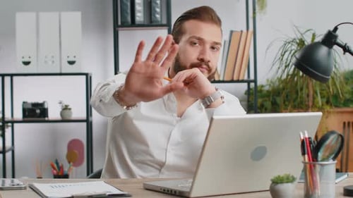 Businessman Working on Laptop Showing Stop Gestuge Danger Rejection Warning Crisis Prohibition