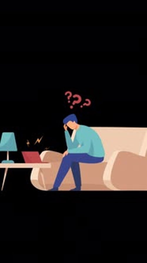 Busy Tired Man Sitting At Office Using Laptop On Vertical On Alpha Channel