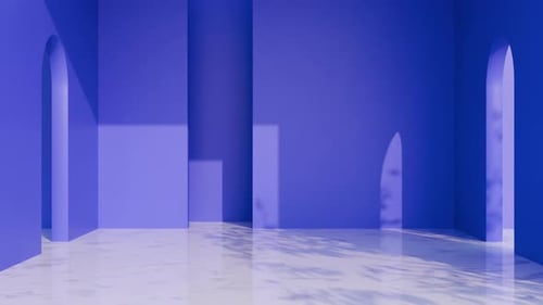 Sonniges blaues Zimmer, Wand mit Bogen. 3D-Renderer, realistisches Design. Laub, Blatt, Schatten, Sonnenlicht