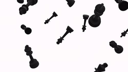 Falling black chess pieces over alpha channel. Rain of black chess pieces across the screen.