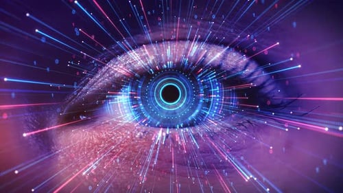 Human Eye Integrating Floating Holographic UI Icons Charts and Line Graphs in 3D Surveillance