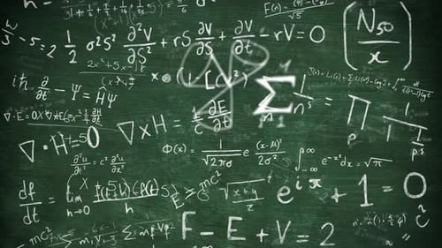 Digital animation of mathematical equations and formula floating against green background