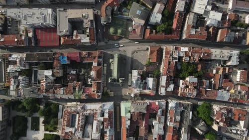 Drone view of a city in Bosnia and Herzegovina in the Balkans, aerial roof view of side-by-side buil