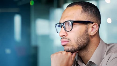 Close up portrait Confident Focused pensive man thinking of inspiration solving problem, analyzing