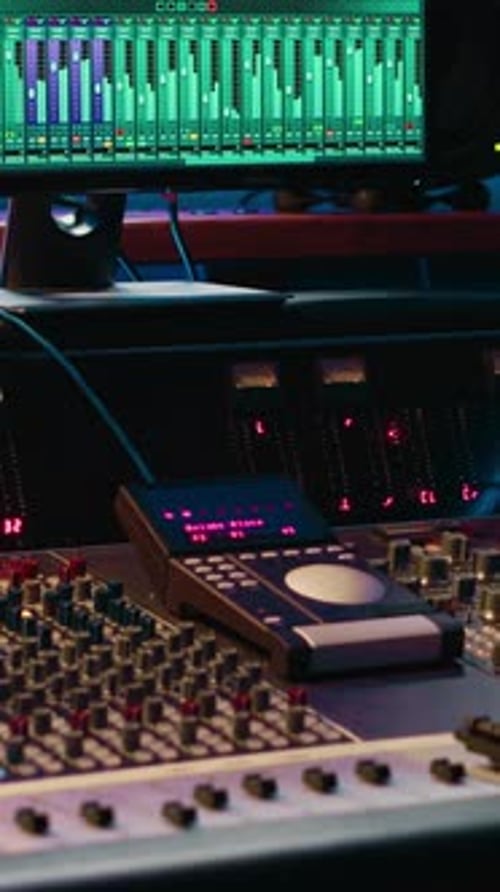 Vertical Video Professional Studio Control Room with Pre Amp Knobs and Faders