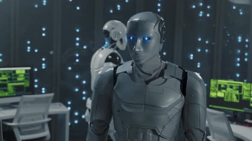 Dos robots interactúan silenciosamente en una habitación oscura, uno con ojos azules