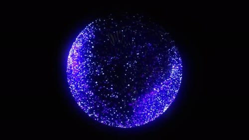 Glowing particle 3d sphere in the Universe. Abstract glittering energy orb of purple particles