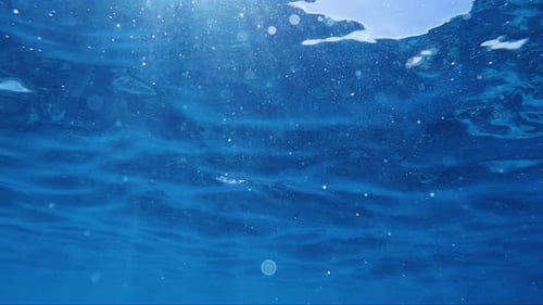 Blue Ocean waves shimmer on the surface of the water, captured from below.