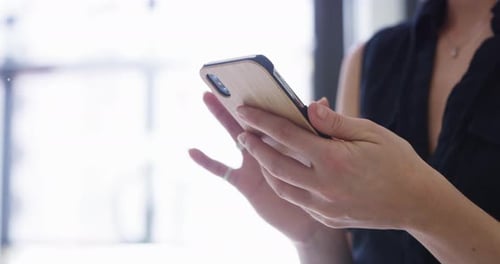 Businesswoman, phone and typing closeup for networking communication, planning or online connection