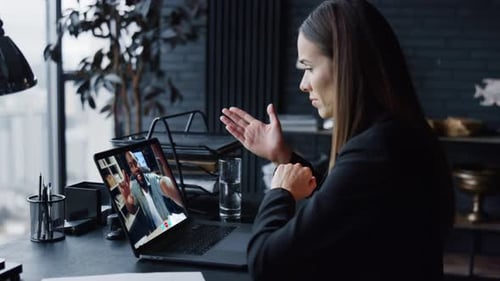 Business Woman Enjoy Videochat Looking Laptop Screen Close Up Online Conference