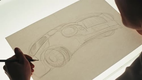 Young Man Artist is Drawing New Car Model By Pencil on White Paper The Design Engineer of Cars