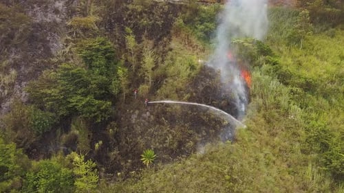 Firefighter Battling Brush Fire on Overgrown Hillside