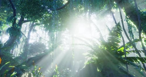 Bright Sun Rays Filtering Through Lush Tropical Jungle Canopy