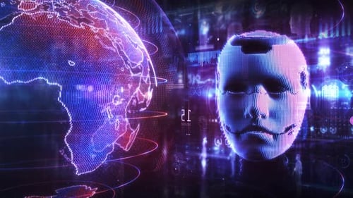 Futuristic Digital Earth and Hacker Mask Technology Interface