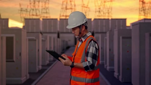Side View Of Asian Male Engineer Looking At The Tablet In His Hand with High Voltage Power