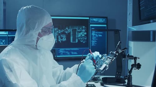 Microelectronics Engineer Works in a Modern Scientific Laboratory on Computing Systems and