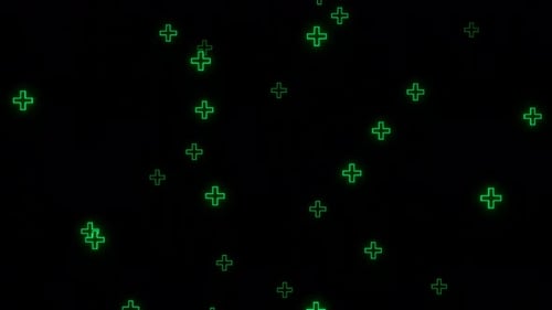 Grüner Neon Health Plus-Schleifenanimationshintergrund mit Kreuzpartikeln