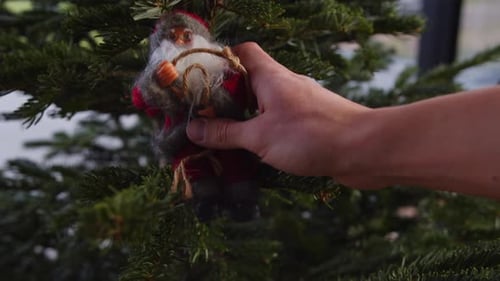 Hanging Old Classic Santa Claus on Green Christmas Tree Daylight