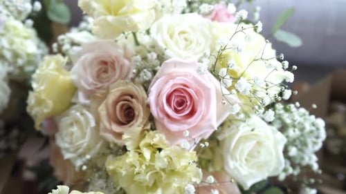 Bouquet Of Fresh Blooming Flowers On A Wedding Day Event. Close-up Shot