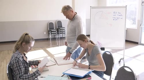 High School Teacher And Students Studying In Sunny Classroom