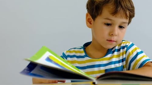 Young Boy Reading and Turning Pages of Book