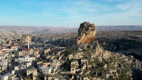 Aerial drone view of the Ortahisar Castle in Cappadocia, Turkey