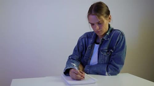 Young Woman Writing at a Desk Indoors