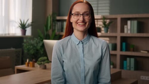 Happy Cheerful Caucasian Business Woman Indoors Portrait Smiling Laughing Female Employer in Office