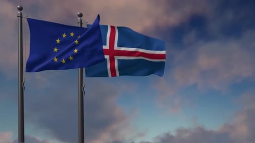 European Union and Iceland Flags Waving