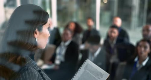 Business woman, speaker and meeting with team in seminar for corporate training