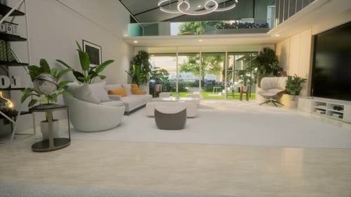 Modern White Interior With Beautiful Backyard View. Home Living Room Design