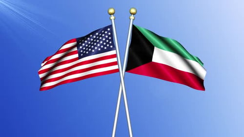 Waving United States and Kuwait Flags on Poles