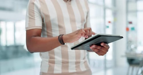 Hands, businessman and tablet for planning in office, online research and scrolling on internet