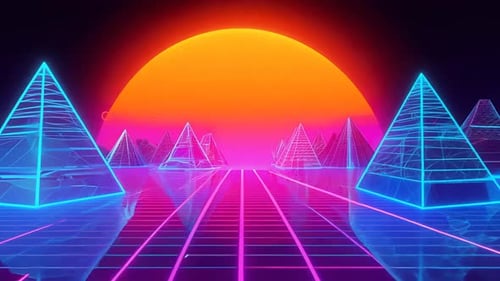 Eine lebendige und auffällige futuristische Retro-Landschaft mit Neonpyramiden und einem wunderschönen Sonnenuntergang