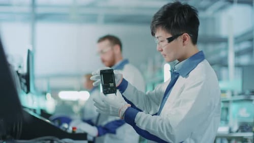 High-Tech-Fabrik: Der Ingenieur für Qualitätskontrolle nimmt das intelligente Elektronisch Gerät in die Hand und überprüft es visuell