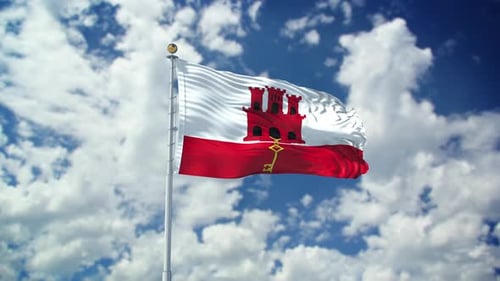 Realistic Waving Flag of Gibraltar Against Cloudy Sky