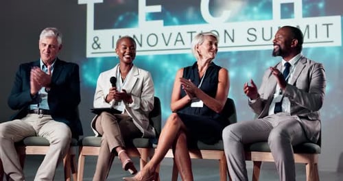 Presentation, conference and business people on stage, applause for thank you