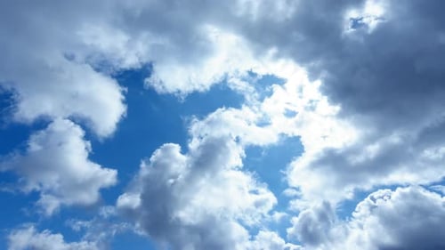 Blue Sky with White Clouds and Sun. Puffy Fluffy White Clouds Moving Fast. Cumulus Cloudscape