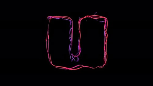 Letter U made of multicolor neon curves and lightnings on alpha. Loop 4k clip.