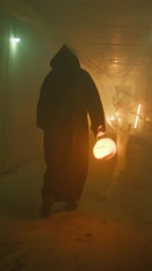 Hooded Figure Walking With Jack-o-Lantern at Night