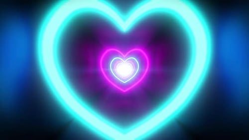 Seamless loop background with flying through the dark tunnel with neon hearts