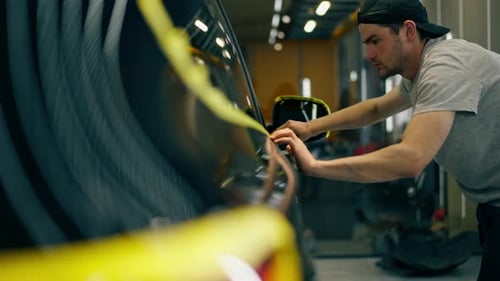 Fahrzeugdetails an einer Tankstelle Ein schwarzer Autotechniker bedeckt Teile des Autos mit gelbem Klebeband