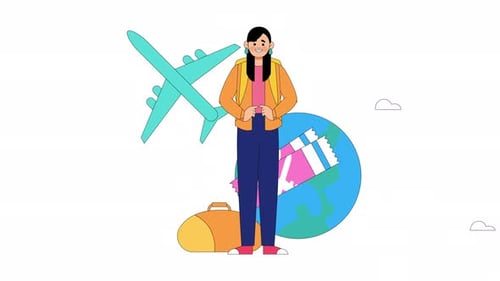Animated Flat Design Woman Traveler with Backpack and Airplane