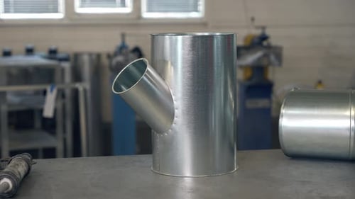 Drehaufnahme eines Industriestahlrohrs. Fabrik zur Stahlherstellung. Entlüftungsgerät ab Werk.