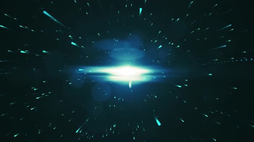 3D animation. Abstract Blue Particles on Black Background and optical flares blue