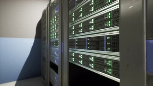 Modern Data Center Server Racks with Blinking Lights