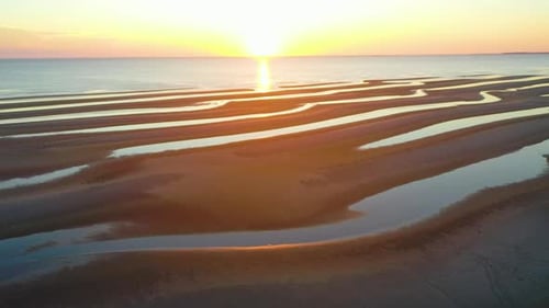 Cape Cod Bay Epic Sun Set Aerial Drone Footage of Beach at Low Tide with Sand Bars and Puddles