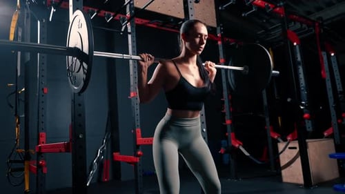 portrait of young beautiful focused fitness woman doing heavy shoulder press exercise with barbell