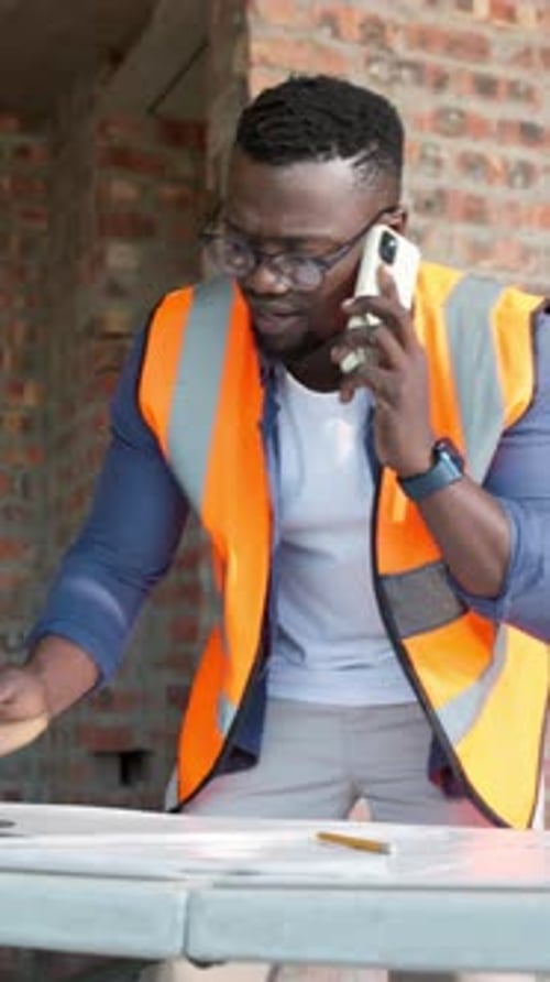 Talking, architecture and black man with phone call, laptop and update for building project