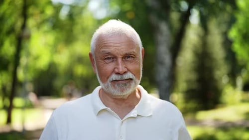 Handsome Bearded Senior Man with Grayhair Standing Posing in Sunshine at Summer Park Smiling Looking